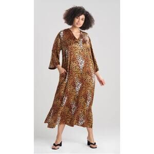 Natori Misty Leopard Satin V-neck Caftan Animal Print Muumuu Women's XL Lounge